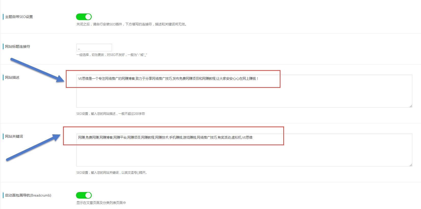 VE思维网站主页关键词描述以及关键词设置界面